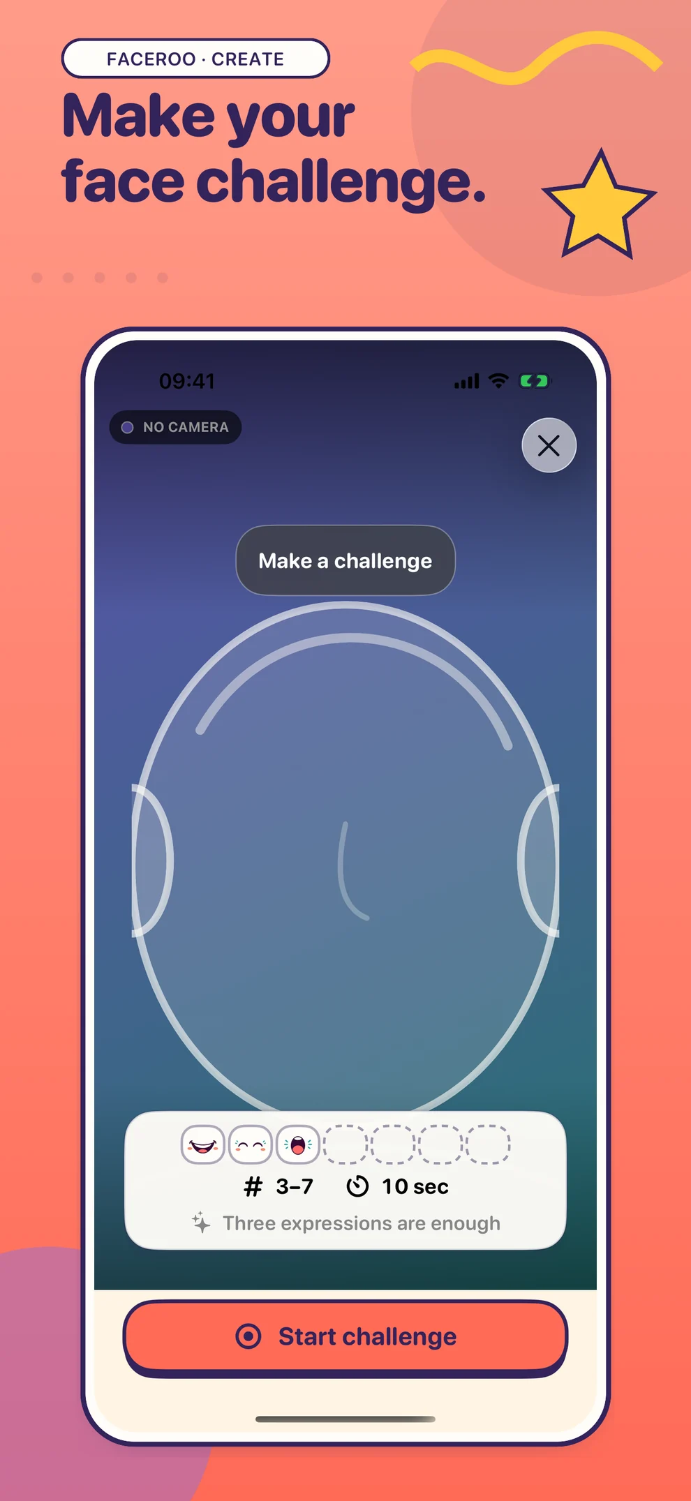 Faceroo screen for making a face challenge