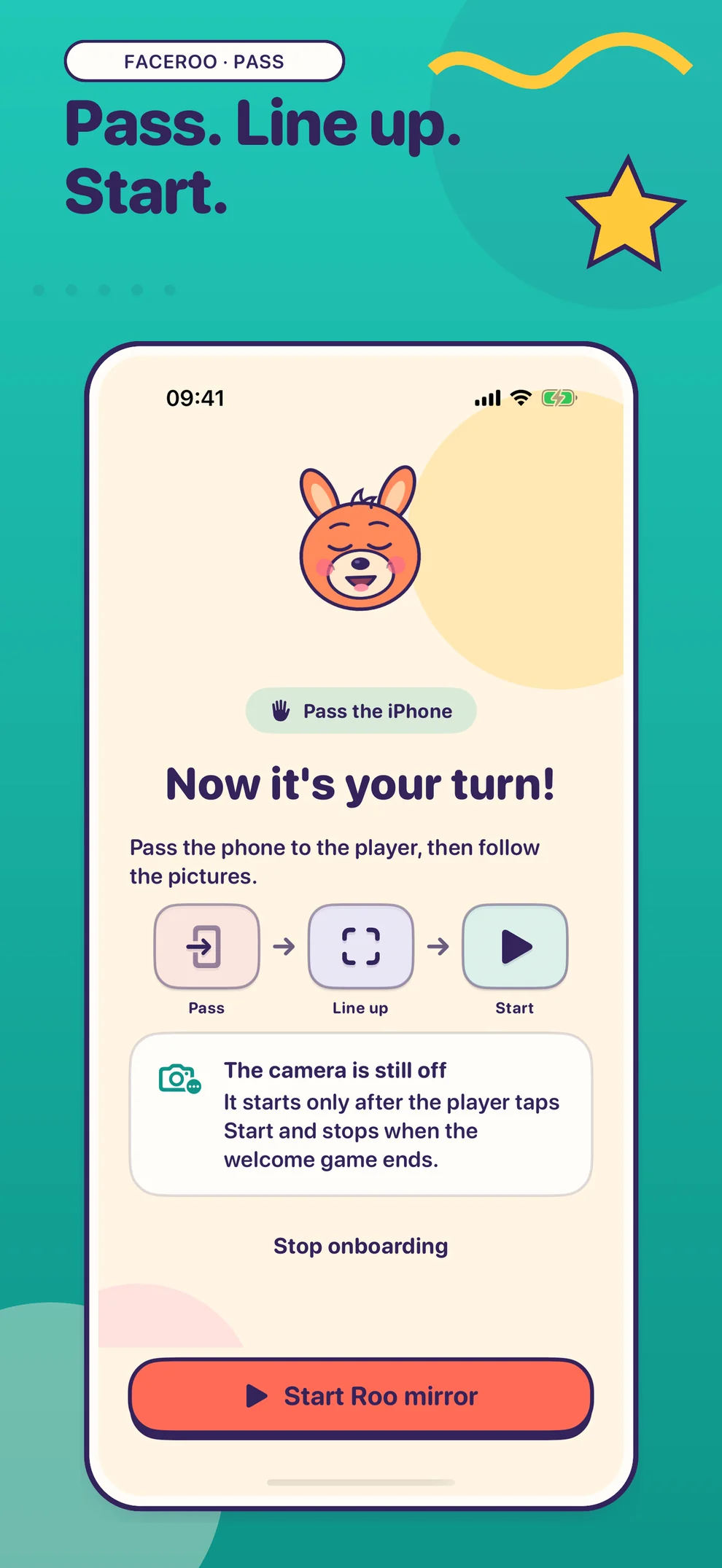 Faceroo's pass-the-phone handoff screen