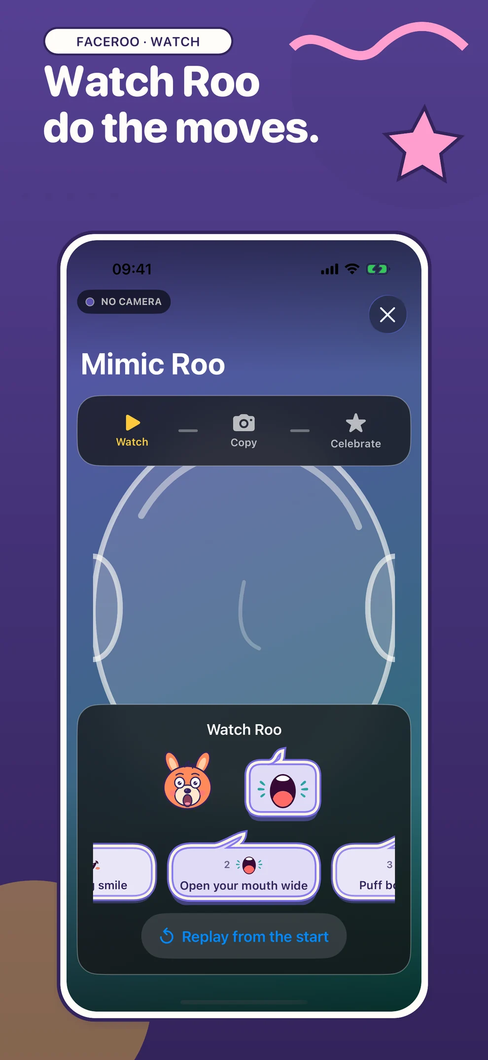 Faceroo screen showing Roo perform a face challenge
