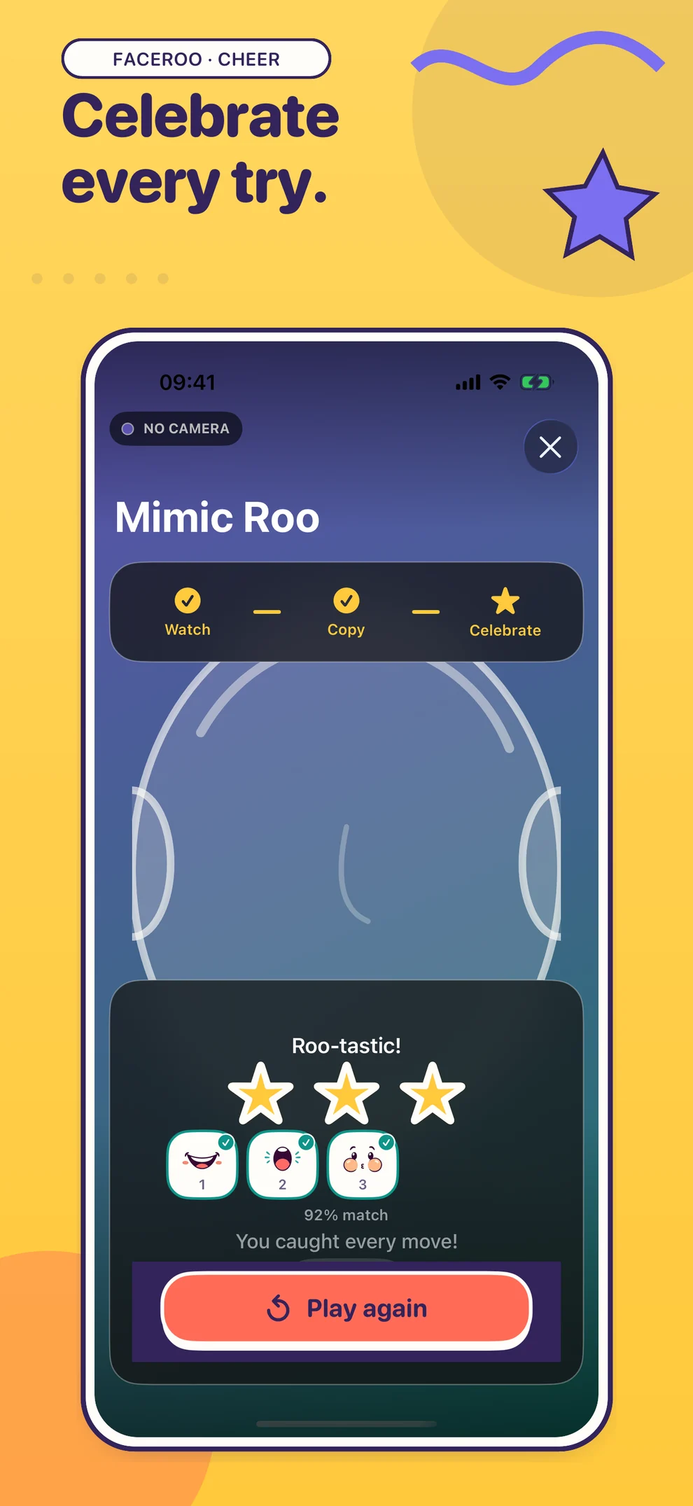 Faceroo result screen with stars, match score, and matched moves