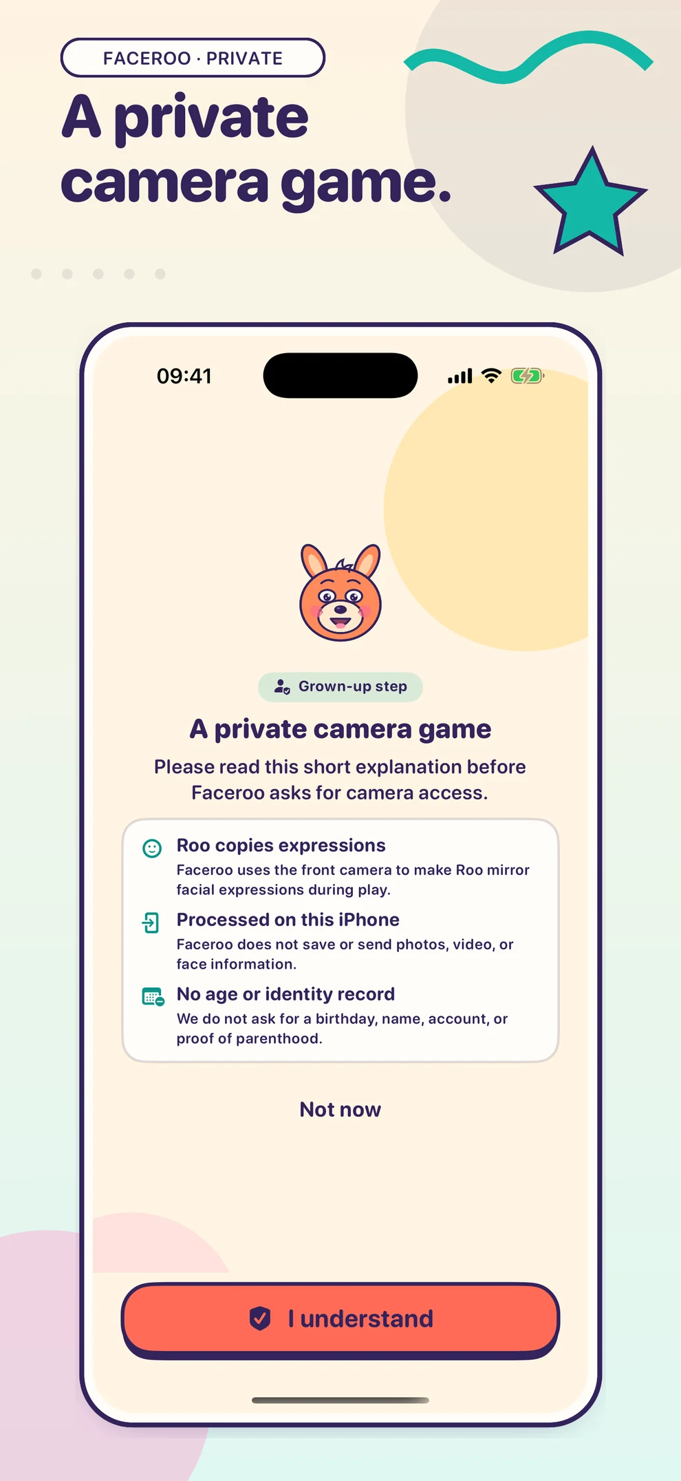 Faceroo disclosure explaining its private, on-device camera use